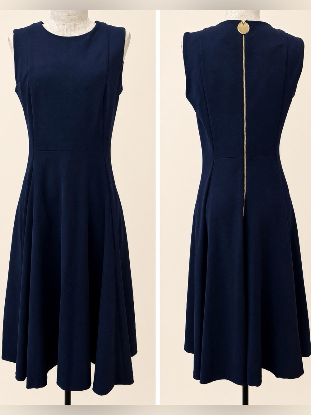 Calvin Klein navy blue sleeveless dress w/ gold zipper EUC - size 8